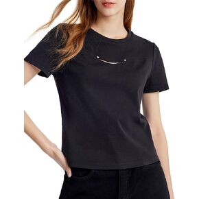 100% Pure Cotton T-Shirt for Women White Summer Short Sleeve Crewneck Chic Polka Dots Printed Casual Tops