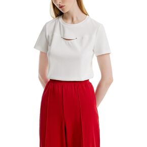 تي شيرت من القطن الخالص 100% للنساء أبيض صيفي بأكمام قصيرة وفتحة رقبة دائرية أنيقة ومطبوعة بنقاط منقطة ملابس علوية غير رسمية in Kuwait