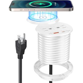 حلقة طاقة مكتب PD 20 وات USB C مع غطاء شاحن لاسلكي 10 وات، شريط طاقة مجوف مع 18 وات USB A و2 منافذ تيار متردد، منافذ طاقة مخفية مع أسلاك بطول 6 أقدام للمكتب والمنزل والمؤتمرات (أسود)