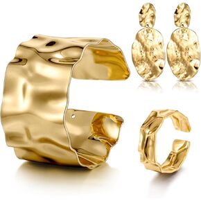 3 Pcs Gold Bangle Bracelets Earrings Ring Sets for Women Gold Plated Cuff Bracelets Wide Chunky Gold Bracelet Large Disc Drop Earrings Wavy Stackable Ring Christmas Birthday Gifts for Women