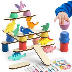 Montessori Dinosaur Toys for 1 2 3 4 Year Old Toddlers, Early Education Toys for Ages 2-4 Boys Girls Kids, Wooden Dinosaur Blocks Sorting & Stacking & Balance Toys, Ideal Preschool Birthday Gift