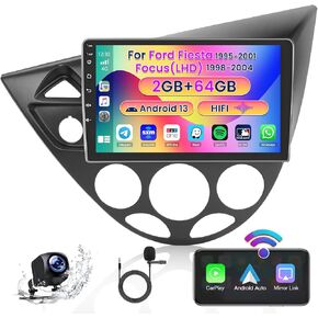 Roinvou 2+64G Android CarPlay Stereo for 95-01 Ford Fiesta/98-04 Focus(LHD), Built-in Wireless CarPlay Radio with Android Auto, 9'' Touch Screen in-Dash GPS Navigation Support Mirror Link BT HiFi RDS