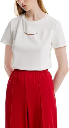 تي شيرت من القطن الخالص 100% للنساء أبيض صيفي بأكمام قصيرة وفتحة رقبة دائرية أنيقة ومطبوعة بنقاط منقطة ملابس علوية غير رسمية in Kuwait