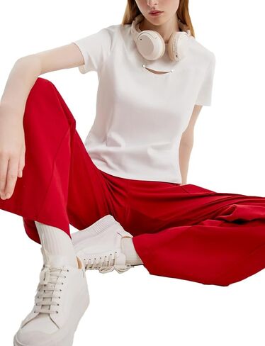 تي شيرت من القطن الخالص 100% للنساء أبيض صيفي بأكمام قصيرة وفتحة رقبة دائرية أنيقة ومطبوعة بنقاط منقطة ملابس علوية غير رسمية in Kuwait