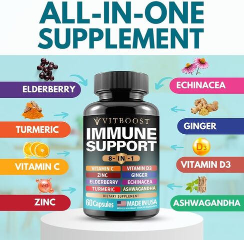Ultimate Immune Support Supplement 8-in-1 Formula with Echinacea, Vitamin C & Zinc, Vitamin D 5000 IU, Turmeric, Ginger, Ashwagandha, Elderberry – 60 Capsules in Saudi Arabia