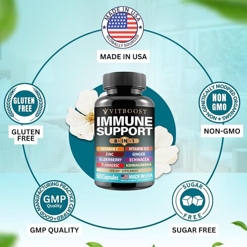 Ultimate Immune Support Supplement 8-in-1 Formula with Echinacea, Vitamin C & Zinc, Vitamin D 5000 IU, Turmeric, Ginger, Ashwagandha, Elderberry – 60 Capsules in Saudi Arabia