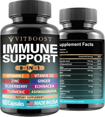 Ultimate Immune Support Supplement 8-in-1 Formula with Echinacea, Vitamin C & Zinc, Vitamin D 5000 IU, Turmeric, Ginger, Ashwagandha, Elderberry – 60 Capsules in Saudi Arabia