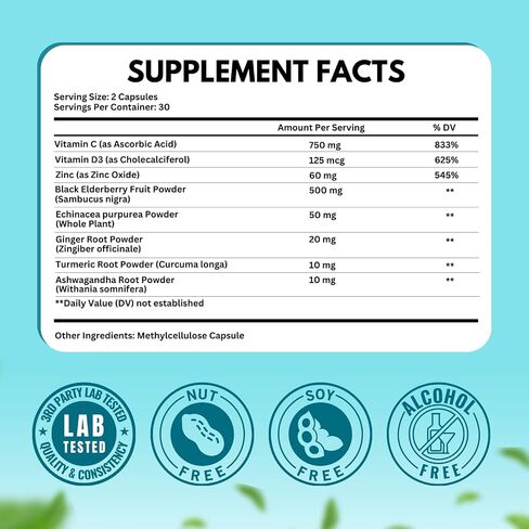 Ultimate Immune Support Supplement 8-in-1 Formula with Echinacea, Vitamin C & Zinc, Vitamin D 5000 IU, Turmeric, Ginger, Ashwagandha, Elderberry – 60 Capsules in Saudi Arabia