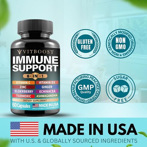 Ultimate Immune Support Supplement 8-in-1 Formula with Echinacea, Vitamin C & Zinc, Vitamin D 5000 IU, Turmeric, Ginger, Ashwagandha, Elderberry – 60 Capsules in Saudi Arabia