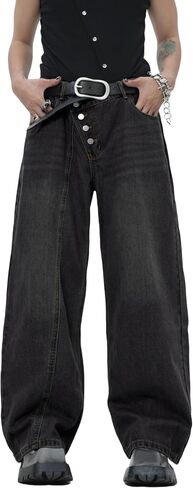 Men's Slanted Button Fly Oversized Wide Leg Jeans Baggy Straight Leg Denim Pants Casual Trousers Streetwear in Kuwait