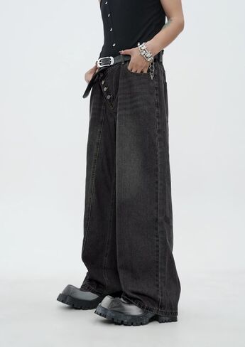 Men's Slanted Button Fly Oversized Wide Leg Jeans Baggy Straight Leg Denim Pants Casual Trousers Streetwear in Kuwait