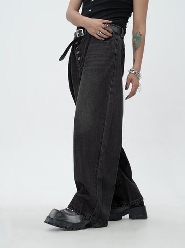 Men's Slanted Button Fly Oversized Wide Leg Jeans Baggy Straight Leg Denim Pants Casual Trousers Streetwear in Kuwait