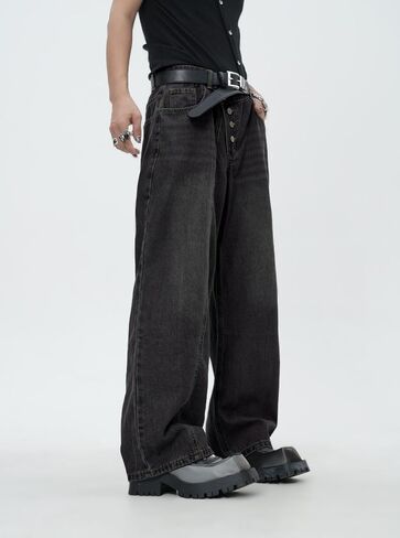 Men's Slanted Button Fly Oversized Wide Leg Jeans Baggy Straight Leg Denim Pants Casual Trousers Streetwear in Kuwait