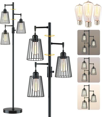 مصباح أرضي صناعي، 3 × 1200 لومن مصابيح إديسون LED متضمنة، مصباح أرضي ساطع 3 مصابيح خافتة للضوء، مصباح قائم طويل للمزرعة لغرفة المعيشة، غرفة نوم مكتب ديكور منزلي ريفي (أسود غير لامع) in Kuwait