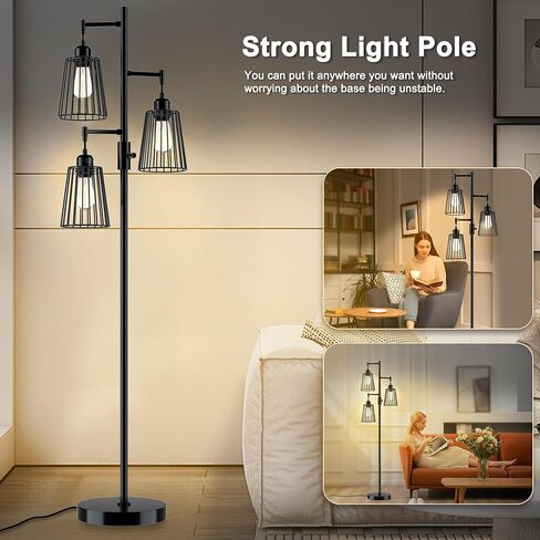 مصباح أرضي صناعي، 3 × 1200 لومن مصابيح إديسون LED متضمنة، مصباح أرضي ساطع 3 مصابيح خافتة للضوء، مصباح قائم طويل للمزرعة لغرفة المعيشة، غرفة نوم مكتب ديكور منزلي ريفي (أسود غير لامع) in Kuwait
