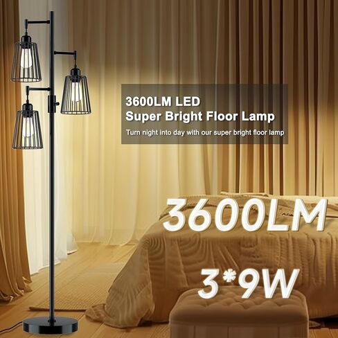 مصباح أرضي صناعي، 3 × 1200 لومن مصابيح إديسون LED متضمنة، مصباح أرضي ساطع 3 مصابيح خافتة للضوء، مصباح قائم طويل للمزرعة لغرفة المعيشة، غرفة نوم مكتب ديكور منزلي ريفي (أسود غير لامع) in Kuwait