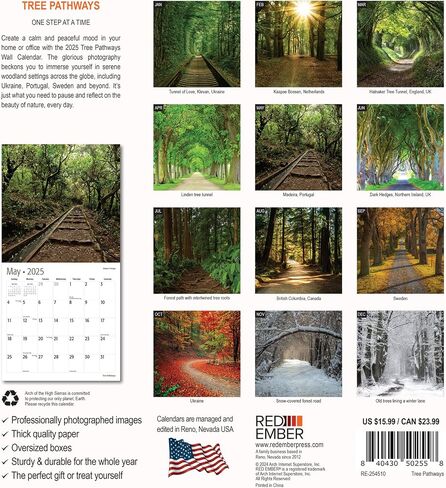 RED EMBER Trees Hangable Monthly 2025 Wall Calendar | 12" x 24" When Open | Thick & Sturdy Paper | Giftable | Beautiful Pathways Nature in Saudi Arabia