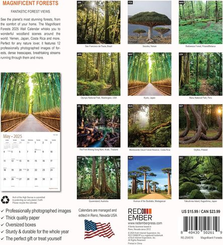 RED EMBER Trees Hangable Monthly 2025 Wall Calendar | 12" x 24" When Open | Thick & Sturdy Paper | Giftable | Beautiful Pathways Nature in Saudi Arabia