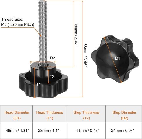 HARFINGTON 4 قطع مقابض نجوم M8 × 80 مم 304 مسمار ملولب من الفولاذ المقاوم للصدأ 46 مم بلاستيك 6 نجوم رأس لشد اليد، مقبض برغي الإبهام، أسود in Saudi Arabia