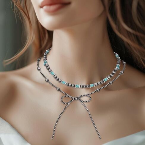 Bow Bowknot Pearl Cowboy Cowgirl Navajo Pearl Necklace For women Western Boho Beaded Necklaces in Saudi Arabia