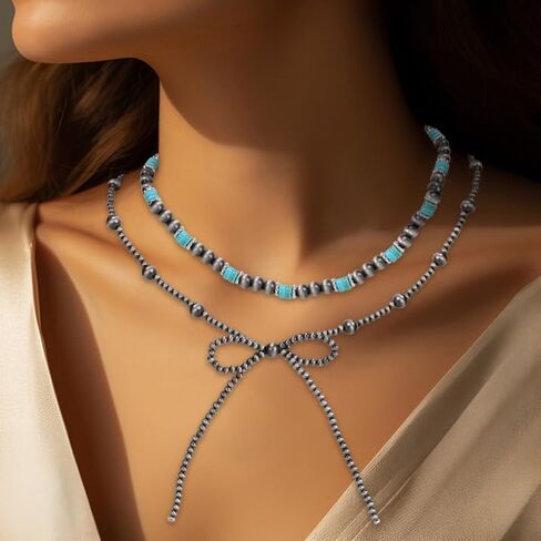 Bow Bowknot Pearl Cowboy Cowgirl Navajo Pearl Necklace For women Western Boho Beaded Necklaces in Saudi Arabia