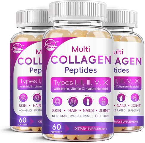Multi Collagen Peptides Softgel - Type I, II, III, V, X - Hydrolyzed Collagen Peptides with Biotin, Vitamin C, Hyaluronic Acid, Supports Skin Hair Nail & Joint, Grass-Fed, Non-GMO, 60 Softgel, 2 Pack in Kuwait