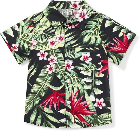 OCHENTA Boy's Monstera Print Hawaiian Shirt Button Down Casual Beach Aloha Party Tops 2 White 140CM - 6-7 Years in Kuwait