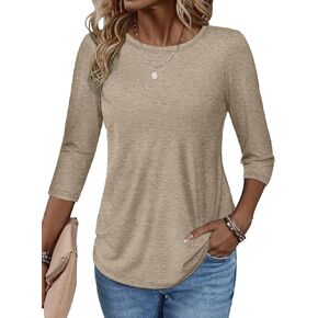 ATHMILE Women's Casual 3/4 Sleeve T-Shirts Round Neck Cute Tunic Summer Tops Basic Tees Fall Blouses Loose Fit Pullover