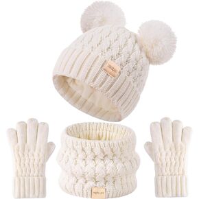 Kids Winter Hat Scarf Gloves Set Children's Warm Knit Fleece Lined Pompom Hat for Kids Ages 3-9, Perfect for Boys and Girls Green