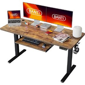 BANTI 55" x 24" Height Adjustable Electric Standing Desk with Keyboard Tray, Sit Stand up Desk with Splice Board, White Frame/White Top