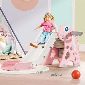 Babytronic Toddler Slide, Kids Indoor Outdoor Slide, Baby Slide Playset with Basketball Hoop & Ring Toss, Foldable Baby Plastic Slide, Outdoor Playground Climber Slide (Pink)