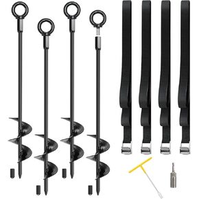 Trampoline Stakes, High Wind Ground Anchors Heavy Duty Kit 17.7 Inch 4 Pack with Adjustable Cam Buckle Lashing Straps T-Handle Hex Wrench for Trampoline Accessories, Swing, Sheds, Tent, Plant Trees