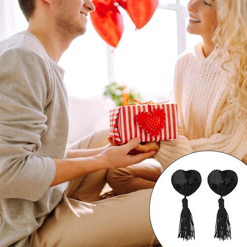 Breast Pasties, Reusable Adhesive Nipple Cover Stickers Silicone Heart-Shaped Shiny Sequin Breast Breast Pads Pasties Bra with Tassel for Women Couple Game Party Red in Kuwait