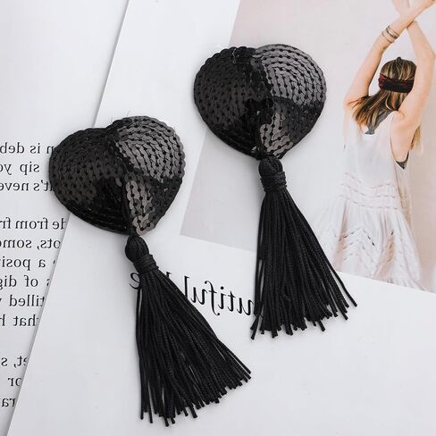 Breast Pasties, Reusable Adhesive Nipple Cover Stickers Silicone Heart-Shaped Shiny Sequin Breast Breast Pads Pasties Bra with Tassel for Women Couple Game Party Red in Kuwait