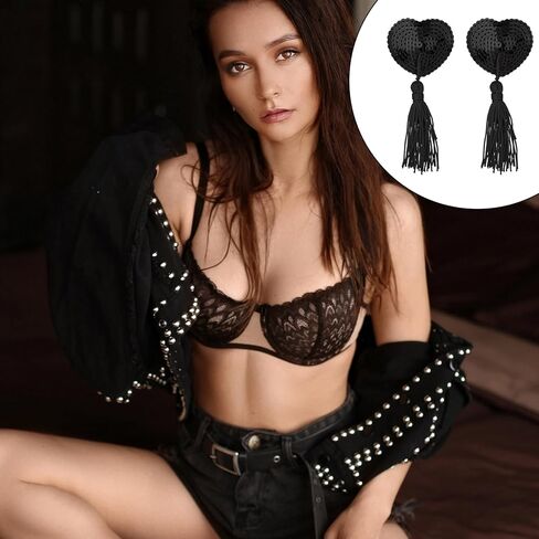 Breast Pasties, Reusable Adhesive Nipple Cover Stickers Silicone Heart-Shaped Shiny Sequin Breast Breast Pads Pasties Bra with Tassel for Women Couple Game Party Red in Kuwait