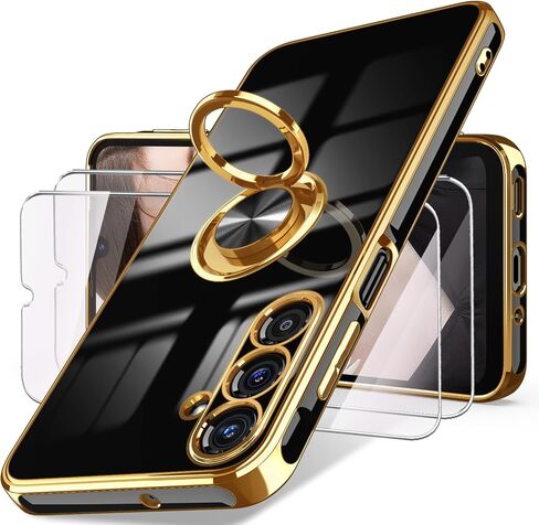 جراب Dretal لهاتف Samsung Galaxy A15 5G، واقي شاشة، حامل حلقي قابل للدوران 360 درجة، مسند مغناطيسي، حافة ذهبية مطلية بغطاء هاتف واقٍ ناعم من مادة TPU لهاتف Galaxy A15 5G (أرجواني) in Kuwait