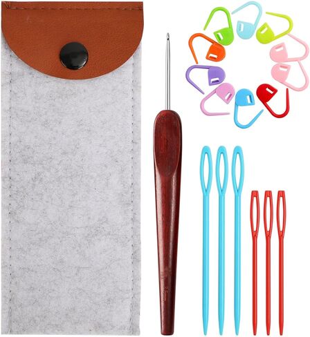 LOOEN Smooth Crochet Hooks with Mertric Numbers and 10 pcs Stitch Markers, 6 pcs Sweing Needles, 1 pc Sandalwood Crochet Hook Bag, Hand Polished Stainless Steel Crochet Hook with Wood Handle (3.0 mm) in Saudi Arabia