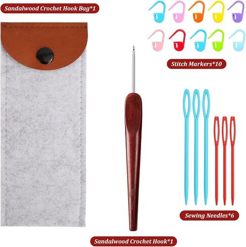 LOOEN Smooth Crochet Hooks with Mertric Numbers and 10 pcs Stitch Markers, 6 pcs Sweing Needles, 1 pc Sandalwood Crochet Hook Bag, Hand Polished Stainless Steel Crochet Hook with Wood Handle (3.0 mm) in Saudi Arabia