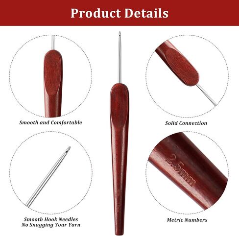 LOOEN Smooth Crochet Hooks with Mertric Numbers and 10 pcs Stitch Markers, 6 pcs Sweing Needles, 1 pc Sandalwood Crochet Hook Bag, Hand Polished Stainless Steel Crochet Hook with Wood Handle (3.0 mm) in Saudi Arabia
