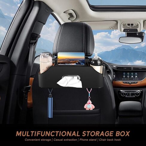 Car Rear seat Storage Box with Two Drink Cup Holders as Well as Tissue Box, Cell Phone Holder and Hook, Versatile Storage, Suitable for Children and car Travel (Black) in Saudi Arabia