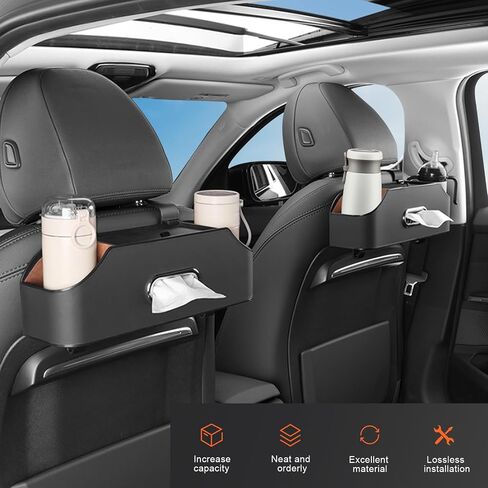 Car Rear seat Storage Box with Two Drink Cup Holders as Well as Tissue Box, Cell Phone Holder and Hook, Versatile Storage, Suitable for Children and car Travel (Black) in Saudi Arabia