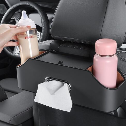 Car Rear seat Storage Box with Two Drink Cup Holders as Well as Tissue Box, Cell Phone Holder and Hook, Versatile Storage, Suitable for Children and car Travel (Black) in Saudi Arabia
