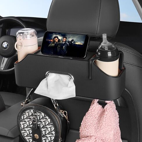 Car Rear seat Storage Box with Two Drink Cup Holders as Well as Tissue Box, Cell Phone Holder and Hook, Versatile Storage, Suitable for Children and car Travel (Black) in Saudi Arabia
