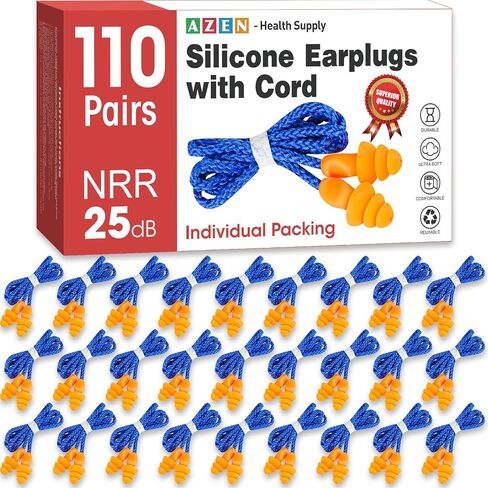 AZEN 55 Pairs Silicone Ear Plugs, Reusable Earplugs for Noise Reduction, 25dB NRR Corded Ear Plugs for Sleeping Noise Cancelling, Ear Plugs with String Individual Packing in Saudi Arabia
