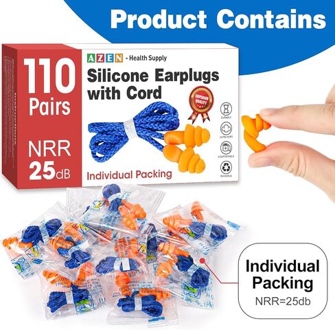 AZEN 55 Pairs Silicone Ear Plugs, Reusable Earplugs for Noise Reduction, 25dB NRR Corded Ear Plugs for Sleeping Noise Cancelling, Ear Plugs with String Individual Packing in Saudi Arabia