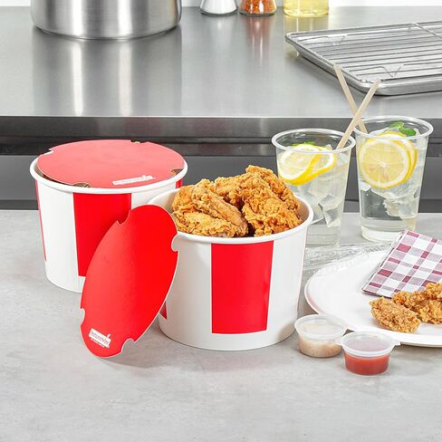 Restaurantware-Bio Tek 130 Ounce Chicken Buckets With Lids, 25 Greaseproof Paper Chicken Buckets - Vented Lids, Freezable, Red And White Paper Disposable Chicken Buckets, For Restaurants And Cafes in Saudi Arabia