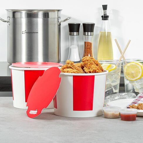 Restaurantware-Bio Tek 130 Ounce Chicken Buckets With Lids, 25 Greaseproof Paper Chicken Buckets - Vented Lids, Freezable, Red And White Paper Disposable Chicken Buckets, For Restaurants And Cafes in Saudi Arabia