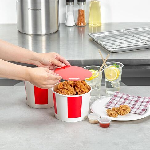 Restaurantware-Bio Tek 130 Ounce Chicken Buckets With Lids, 25 Greaseproof Paper Chicken Buckets - Vented Lids, Freezable, Red And White Paper Disposable Chicken Buckets, For Restaurants And Cafes in Saudi Arabia