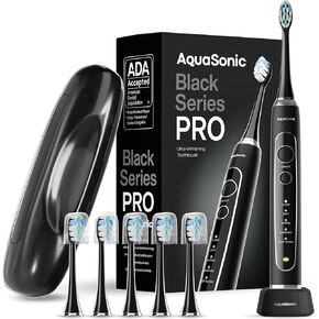 Aquasonic Black Series PRO - فرشاة أسنان فائقة التبييض - 4 أوضاع ومؤقتات ذكية - قاعدة تعقيم بالأشعة فوق البنفسجية وحقيبة سفر للشحن - معتمدة من ADA