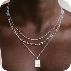Gold/Silver Necklaces Stack For Women,14K Gold/Sterling Silver Plated Simple Layered Choker Necklaces For Women,Stackable Multilayer Pearl Cross Disc Circle Pendant Cuban Herringbone Snake Paperclip Chain Necklaces Set Jewelry Gift for Women